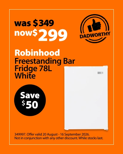 Robinhood Freestanding Bar Fridge 78L White, was $349 now $299, save $50. Offer valid 20 August - 16 September 2026. Not in conjunction with any other discount. While stocks last.