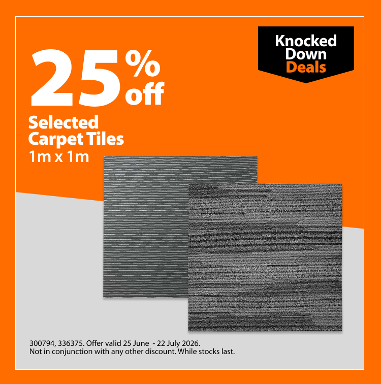 Selected Carpet Tiles 1m x 1m. Knocked Down Deals offer valid 25 June - 22 July 2026. Not in conjunction with any other discount. While stocks last. Two grey carpet tile samples shown.