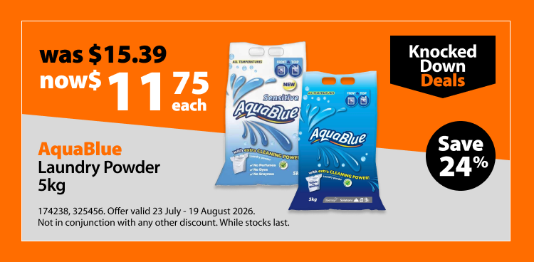 AquaBlue Laundry Powder 5kg, was $15.39 now $11.75 each, save 24%. Knocked Down Deals offer valid 23 July - 19 August 2026. Not in conjunction with any other discount. While stocks last.