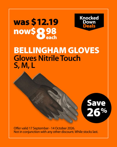 Bellingham Gloves Nitrile Touch S, M, L, was $12.19 now $8.98 each, save 26%. Knocked Down Deals offer valid 17 September - 14 October 2026. Not in conjunction with any other discount. While stocks last.