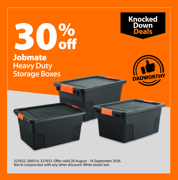 Jobmate Heavy Duty Storage Boxes, 30% off. Knocked Down Deals offer valid 20 August – 16 September 2026. Not in conjunction with any other discount. While stocks last.