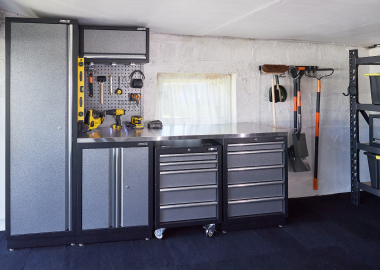 Garage storage cabinets and wall hooks