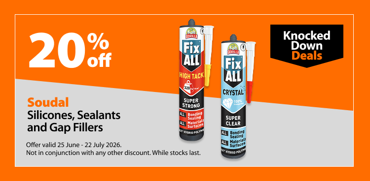 Soudal Silicones, Sealants and Gap Fillers. 20% off Knocked Down Deals offer valid 25 June – 22 July 2026. Not in conjunction with any other discount. While stocks last.