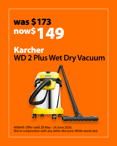 Karcher WD 2 Plus Wet Dry Vacuum, was $173 now $149. Offer valid 28 May - 24 June 2026. Not in conjunction with any other discount. While stocks last.