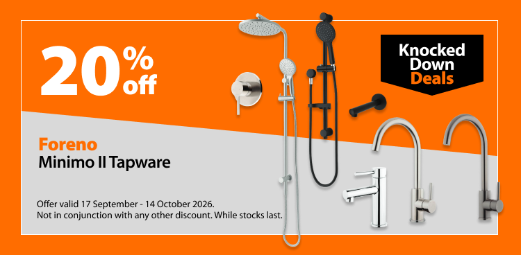 Foreno Minimo II Tapware, 20% off. Knocked Down Deals offer valid 17 September - 14 October 2026. Not in conjunction with any other discount. While stocks last.