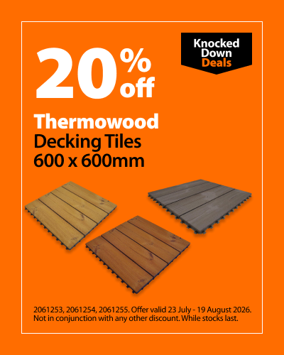 Thermowood Decking Tiles 600 x 600mm, 20% off. Knocked Down Deals offer valid 23 July - 19 August 2026. Not in conjunction with any other discount. While stocks last.