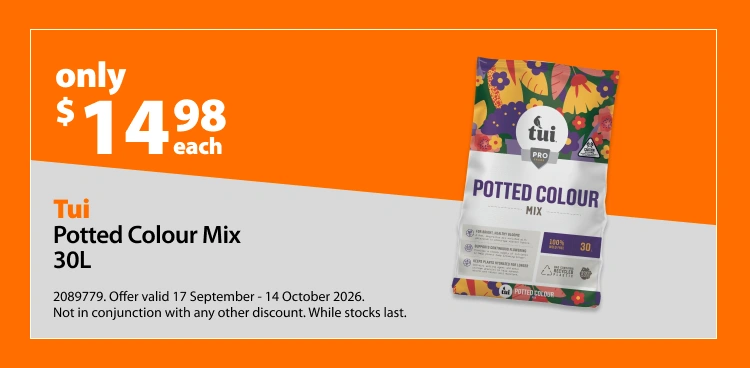 Tui Potted Colour Mix 30L, $14.98 each. Offer valid 17 September - 14 October 2026. Not in conjunction with any other discount. While stocks last.