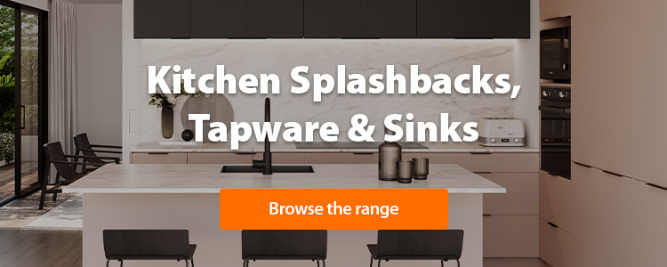 Contemporary kitchen with marble splashback, black tapware and sink.