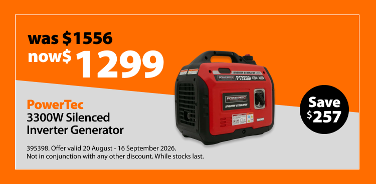 PowerTec 3300W Silenced Inverter Generator, was $1495 now $1199, save $296. Knocked Down Deals offer valid 20 August - 16 September 2026. Not in conjunction with any other discount. While stocks last.