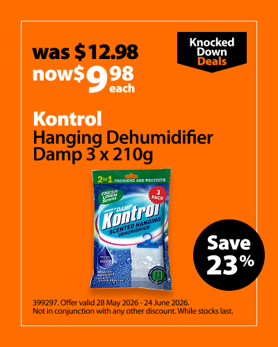 Kontrol Hanging Dehumidifier Damp 3 x 210g, was $12.98 now $9.98 each, save 23%. Knocked Down Deals offer valid 28 May 2026 - 24 June 2026. Not in conjunction with any other discount. While stocks last.