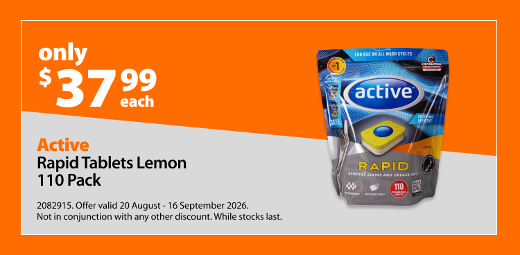 Active Rapid Tablets Lemon 110 Pack, only $37.99 each. Offer valid 20 August - 16 September 2026. Not in conjunction with any other discount. While stocks last.