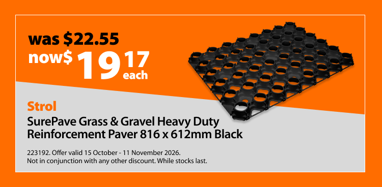Strol SurePave Grass & Gravel Heavy Duty Reinforcement Paver 816 x 612mm Black, was $22.55 now $19.17 each. Offer valid 15 October - 11 November 2026. Not in conjunction with any other discount. While stocks last.