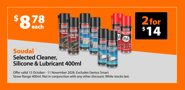 Soudal Selected Cleaner, Silicone & Lubricant 400ml, $8.78 each or 2 for $14. Offer valid 15 October - 11 November 2026. Excludes Genius Smart Straw Range 400ml. Not in conjunction with any other discount. While stocks last.