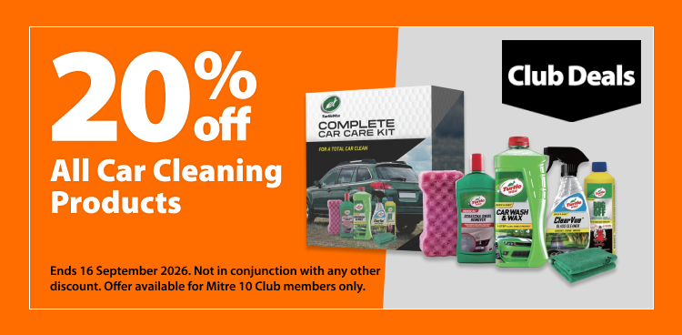 All Car Cleaning Products, 20% off. Club Deals offer valid until 16 September 2026. Not in conjunction with any other discount. Offer available for Mitre 10 Club members only.