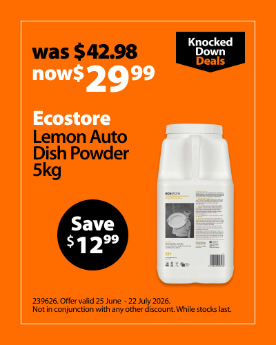 Ecostore Lemon Auto Dish Powder 5kg, was $42.98 now $29.99, save $12.99. Knocked Down Deals offer valid 25 June – 22 July 2026. Not in conjunction with any other discount. While stocks last.