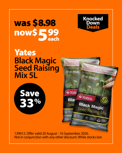 Yates Black Magic Seed Raising Mix 5L, was $8.98 now $5.99 each, save 33%. Knocked Down Deals offer valid 20 August - 16 September 2026. Not in conjunction with any other discount. While stocks last.