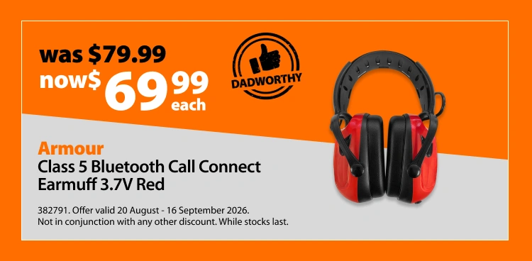 Armour Class 5 Bluetooth Call Connect Earmuff 3.7V Red, was $79.99 now $69.99 each. Offer valid 20 August - 16 September 2026. Not in conjunction with any other discount. While stocks last.