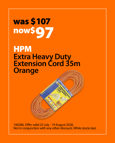HPM Extra Heavy Duty Extension Cord 35m Orange, was $107 now $97. Offer valid 23 July - 19 August 2026. Not in conjunction with any other discount. While stocks last.