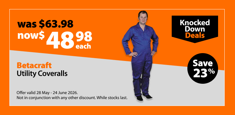 Betacraft Utility Coveralls, was $63.98 now $48.98 each, save 23%. Knocked Down Deals offer valid 28 May - 24 June 2026. Not in conjunction with any other discount. While stocks last.