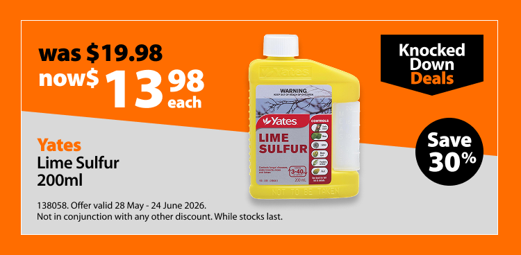 Yates Lime Sulfur 200ml, was $19.98 now $13.98 each, save 30%. Knocked Down Deals offer valid 28 May - 24 June 2026. Not in conjunction with any other discount. While stocks last.