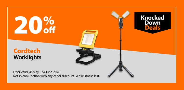 Cordtech Worklights, 20% off. Knocked Down Deals offer valid 28 May - 24 June 2026. Not in conjunction with any other discount. While stocks last.