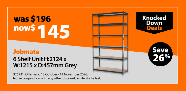 Jobmate 6 Shelf Unit H: 2124 x W: 1215 x D: 457mm Grey, was $196 now $145. Knocked Down Deals offer valid 15 October - 11 November 2026. Not in conjunction with any other discount. While stocks last.