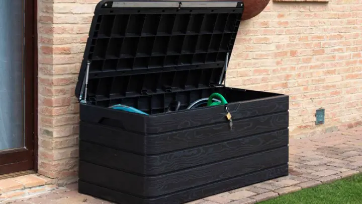 Outdoor storage box on a deck