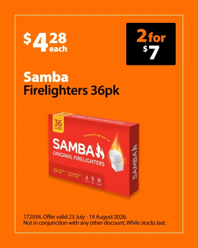 Samba Firelighters 36pk, $4.28 each or 2 for $7. Offer valid 23 July - 19 August 2026. Not in conjunction with any other discount. While stocks last.