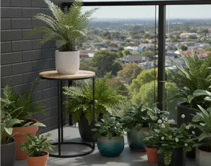 Planted pots grouped on a paved surface