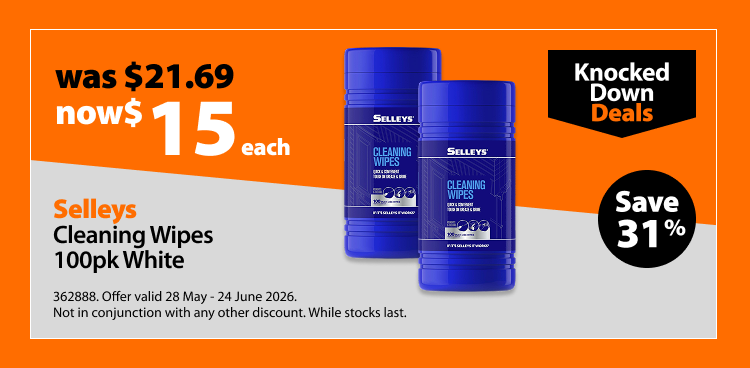Selleys Cleaning Wipes 100pk White, was $21.69 now $15 each, save 31%. Knocked Down Deals offer valid 28 May - 24 June 2026. Not in conjunction with any other discount. While stocks last.