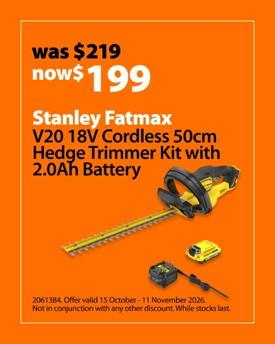 Stanley Fatmax V20 18V Cordless 50cm Hedge Trimmer Kit with 2.0Ah Battery, was $219 now $199. Offer valid 15 October - 11 November 2026. Not in conjunction with any other discount. While stocks last.