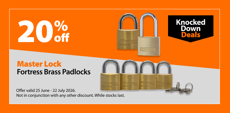 Master Lock Fortress Brass Padlocks. 20% off Knocked Down Deals offer valid 25 June – 22 July 2026. Not in conjunction with any other discount. While stocks last.