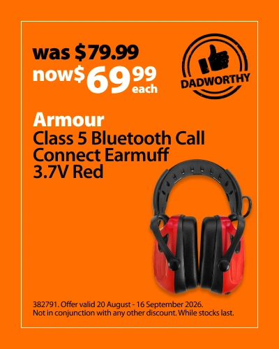 Armour Class 5 Bluetooth Call Connect Earmuff 3.7V Red, was $79.99 now $69.99 each. Offer valid 20 August - 16 September 2026. Not in conjunction with any other discount. While stocks last.