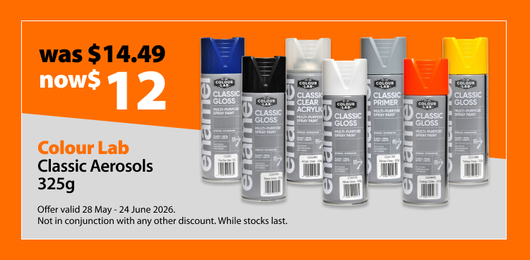Colour Lab Classic Aerosols 325g, was $14.49 now $12. Offer valid 28 May - 24 June 2026. Not in conjunction with any other discount. While stocks last.