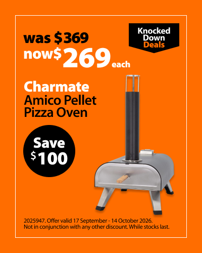 Charmate Amico Pellet Pizza Oven, was $369 now $269 each, save $100. Knocked Down Deals offer valid 17 September - 14 October 2026. Not in conjunction with any other discount. While stocks last.