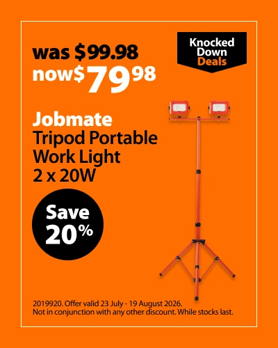 Jobmate Tripod Portable Work Light 2 x 20W, was $99.98 now $79.98, save 20%. Knocked Down Deals offer valid 23 July - 19 August 2026. Not in conjunction with any other discount. While stocks last.
