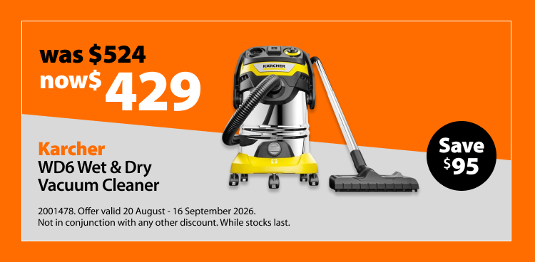 Karcher WD6 Wet & Dry Vacuum Cleaner, was $524 now $429, save $95. Offer valid 20 August - 16 September 2026. Not in conjunction with any other discount. While stocks last.