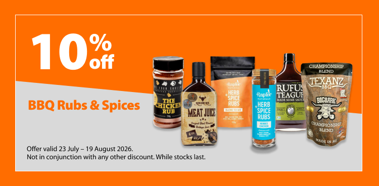 BBQ Rubs & Spices, 10% off. Offer valid 23 July – 19 August 2026. Not in conjunction with any other discount. While stocks last.