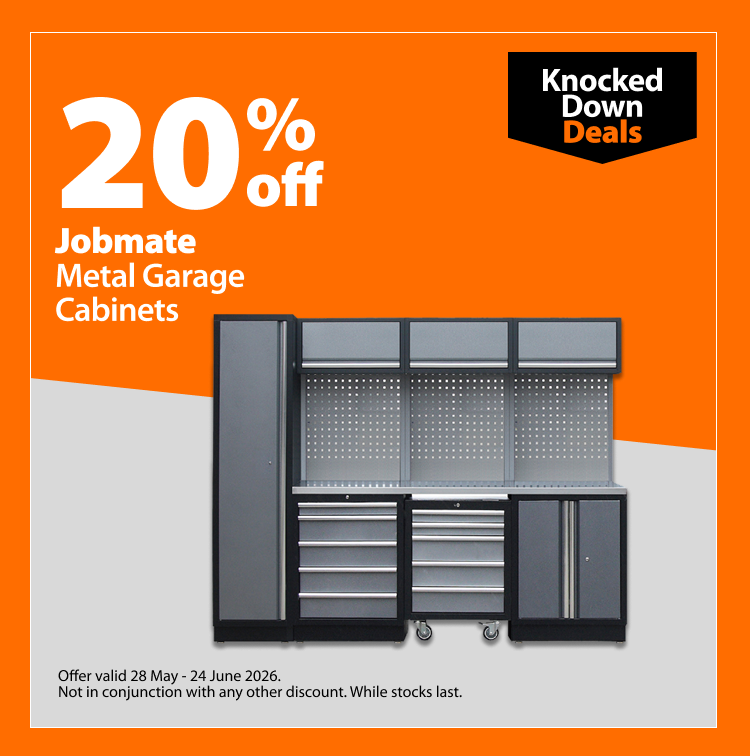 Jobmate Metal Garage Cabinets, 20% off. Knocked Down Deals offer valid 28 May – 24 June 2026. Not in conjunction with any other discount. While stocks last.