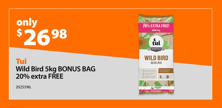 Tui Wild Bird Seed Mix Bonus Bag 5kg, now $26.98. Bonus offer includes 20% extra free.