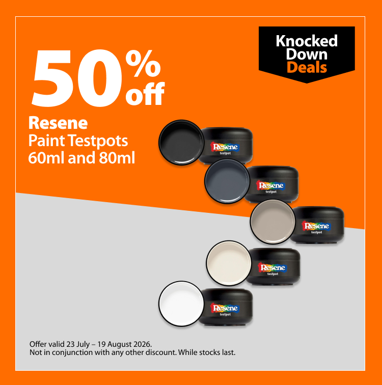 Resene Paint Testpots 60ml and 80ml, 50% off. Knocked Down Deals offer valid 23 July – 19 August 2026. Not in conjunction with any other discount. While stocks last.