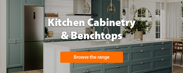Modern kitchen with sage green cabinetry and marble benchtop from Mitre 10.