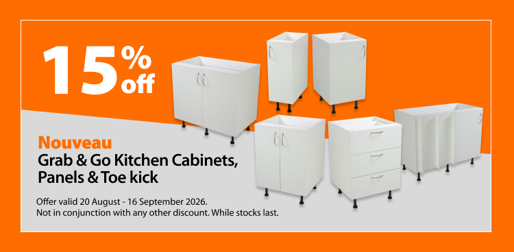 Nouveau Grab & Go Kitchen Cabinets, Panels & Toe kick, 15% off. Knocked Down Deals offer valid 20 August - 16 September 2026. Not in conjunction with any other discount. While stocks last.