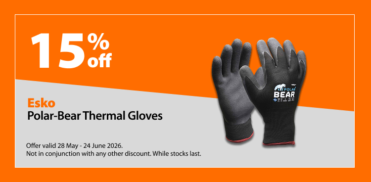 Esko Polar-Bear Thermal Gloves, 15% off. Offer valid 28 May – 24 June 2026. Not in conjunction with any other discount. While stocks last.