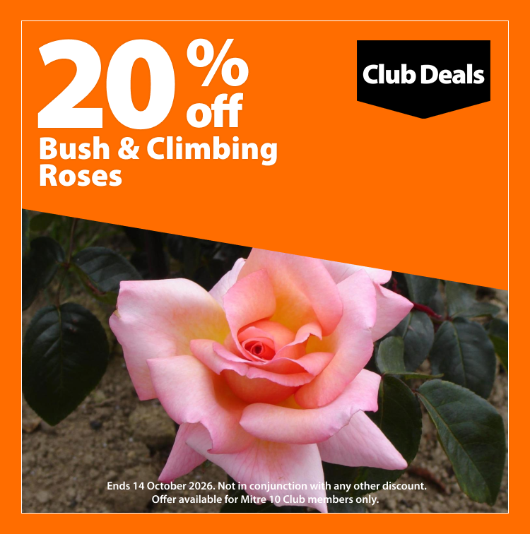 Bush & Climbing Roses, 20% off. Club Deals offer valid until 14 October 2026. Not in conjunction with any other discount. Offer available for Mitre 10 Club members only.