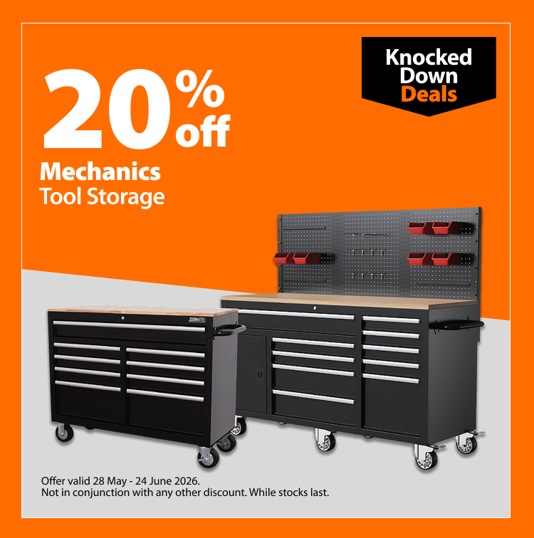 Mechanics Tool Storage, 20% off. Knocked Down Deals offer valid 28 May – 24 June 2026. Not in conjunction with any other discount. While stocks last.