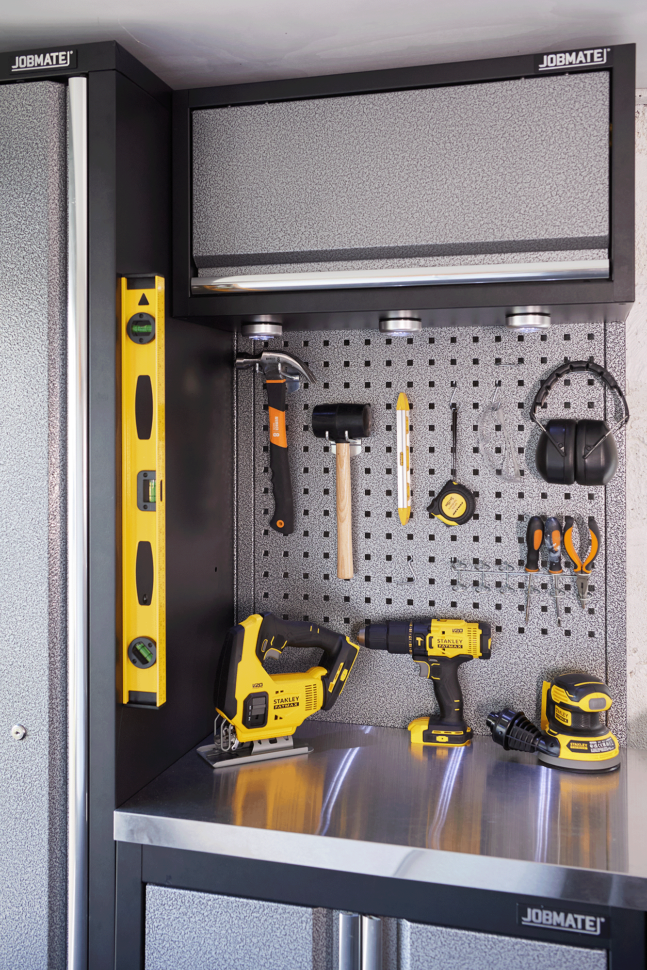 Jobmate modular cabinet with pegboard storage