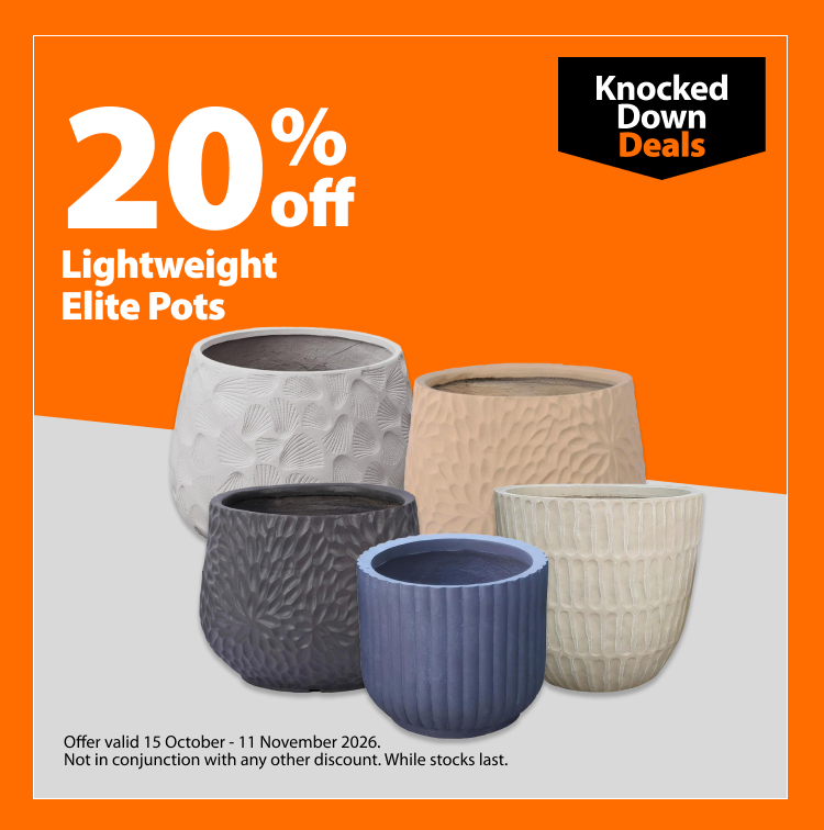 Lightweight Elite Pots, 20% off. Knocked Down Deals offer valid 15 October – 11 November 2026. Not in conjunction with any other discount. While stocks last.