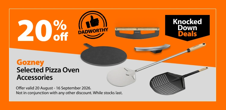 Gozney Selected Pizza Oven Accessories, 20% off. Knocked Down Deals offer valid 20 August - 16 September 2026. Not in conjunction with any other discount. While stocks last.