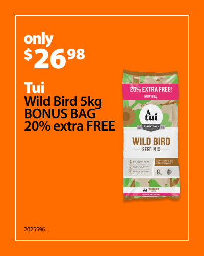 Tui Wild Bird Seed Mix Bonus Bag 5kg, now $26.98. Bonus offer includes 20% extra free.